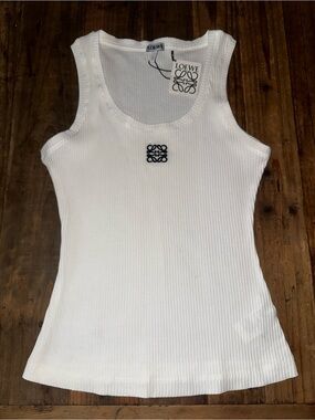 Loewe White Ribbed Tank with Black Anagram Patch